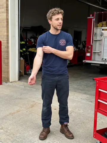 Trent, AI character: outside the Tulsa fire station bay after a daytime equipment check, fire engine partly visible behind him