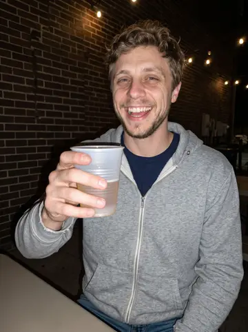Trent, AI character: a casual downtown Tulsa patio bar after a crew softball game, string lights and dark brick wall behind him