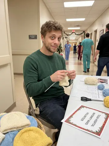 Trent, AI character: a hospital volunteer table near the maternity ward in Tulsa, a small pile of newborn knit hats in a basket…