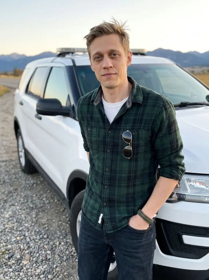 Deon, AI character: a two-lane Montana highway turnout outside town, his white patrol SUV parked behind him with the mountains…