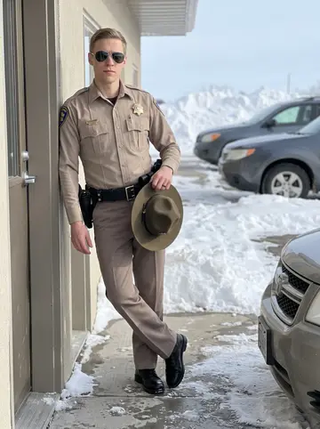 Deon, AI character: outside a small Montana highway patrol post beside a plowed parking lot and snowbanks