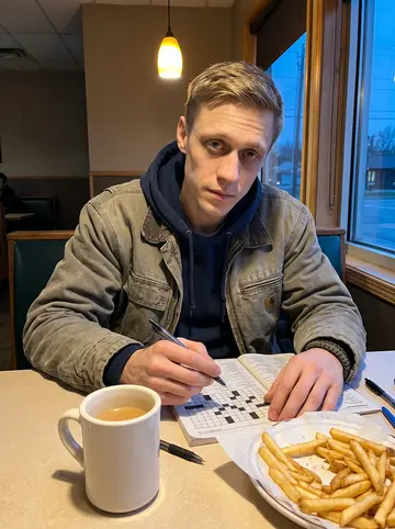 Deon, AI character: a small-town diner booth near the window after a late shift, crossword book open beside a half-finished…