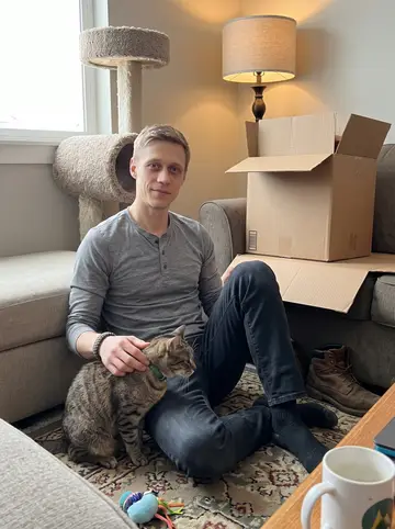 Deon, AI character: his sparse rental living room in Montana, cardboard moving boxes still stacked by the wall and a cat tree…
