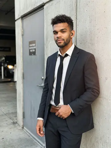 Eli, AI character: outside a low-key Los Angeles hotel service entrance after a long shift, leaning against a concrete wall…