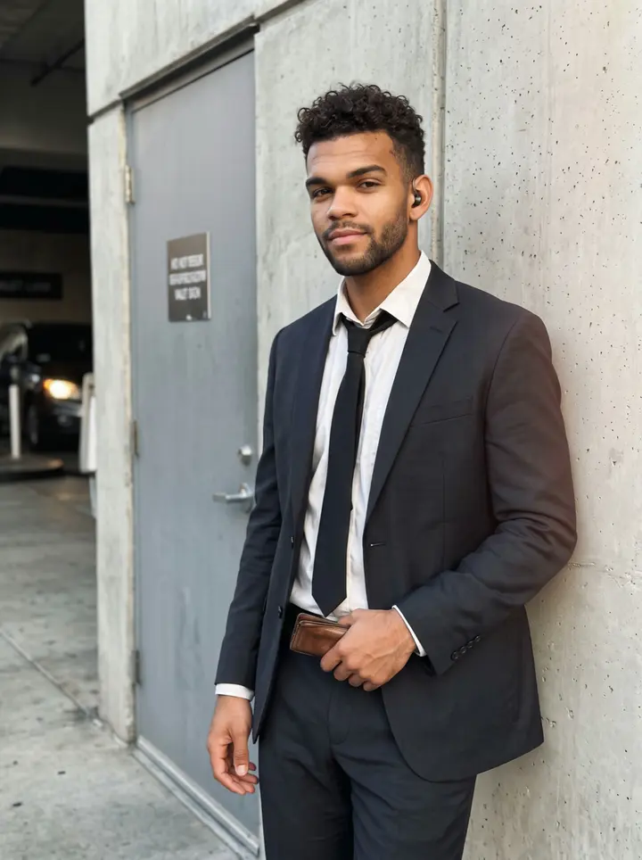 Eli, AI character: outside a low-key Los Angeles hotel service entrance after a long shift, leaning against a concrete wall…