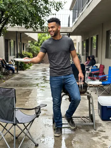 Eli, AI character: apartment courtyard in Los Angeles after a summer rain, neighbors gathered around folding chairs and a…