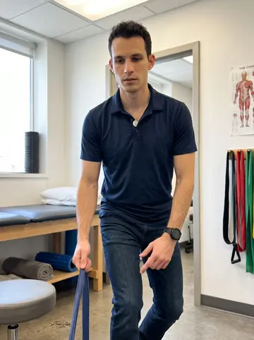 Antonio, AI character: a physical therapy clinic in Providence, beside an exam table and resistance bands