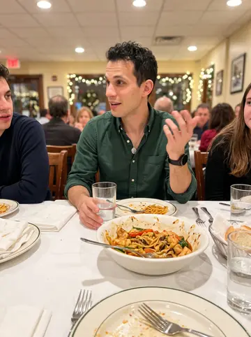 Antonio, AI character: Nonna Rosa's dining room in Federal Hill, Providence, with a crowded Sunday dinner table around him