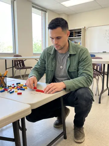 Maxwell, AI character: a Houston community centre classroom in the afternoon, folding tables, Lego bricks, and a whiteboard with…