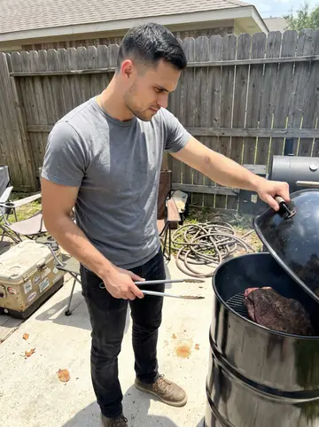 Maxwell, AI character: a small borrowed backyard in Houston with a barrel smoker, folding chairs, and a cooler near the fence