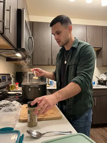 Maxwell, AI character: his small Houston apartment kitchen on a Monday night, big pot of gumbo on the stove and plastic…