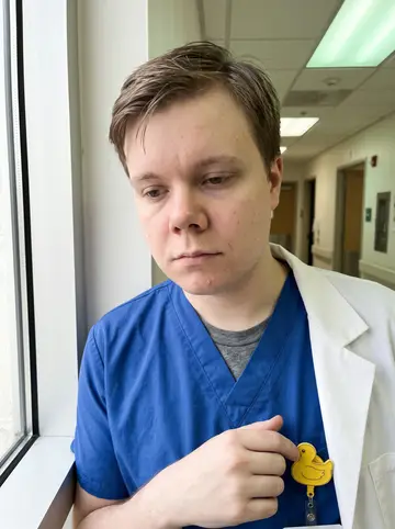 Jarrod, AI character: quiet hospital supply corridor outside the OR suite before the morning rush, no patients visible