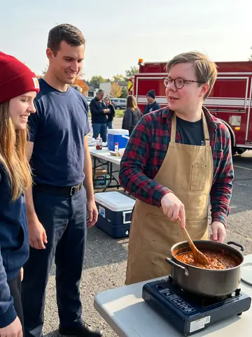 Jarrod, AI character: fire station parking lot chili cook-off on an autumn afternoon, folding tables and coolers behind him