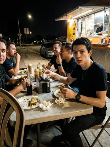 Jose, AI character: a taco truck parking lot in San Diego after midnight, plastic tables beside the curb after his shift
