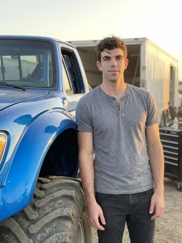 Conner, AI character: the dusty pit lane at a Bakersfield fairground rally, leaning against the front fender of his blue monster…