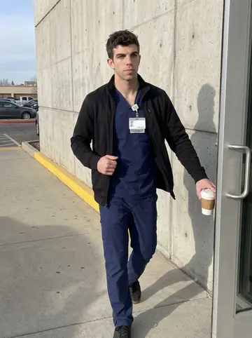 Conner, AI character: outside the employee entrance of the Bakersfield hospital after an early radiology shift