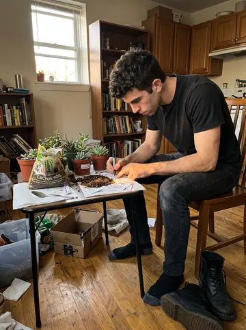 Conner, AI character: small apartment table beside a sunny window, succulents, cactus soil, and bone-name labels spread out