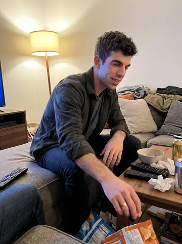 Conner, AI character: a friend's living room during an 1980s action movie commentary night, snacks and remote controls on the…