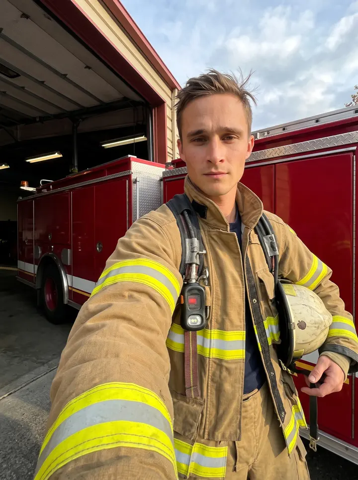 Arlo, AI character: outside a Tacoma fire station bay at low sun, leaning beside the open door of a red fire engine after shift