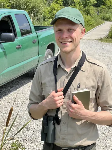 Jussi, AI character: a marsh boardwalk near a loon nesting area, cattails and a green patrol truck parked at the trailhead…