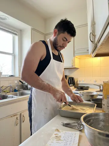 Wilhelm, AI character: his small apartment kitchen in Austin on a free morning, mixing bowls, cake pans, and a stained index card…