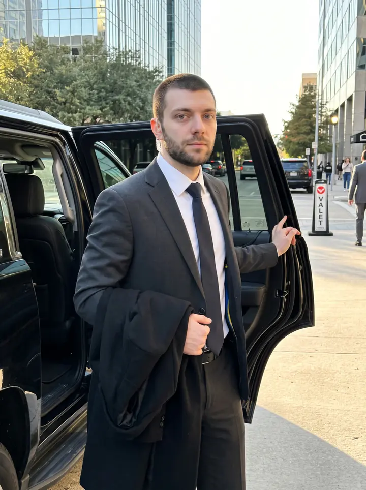 Oleh, AI character: downtown Houston valet lane outside a glass office tower, standing by the open rear door of a black SUV…