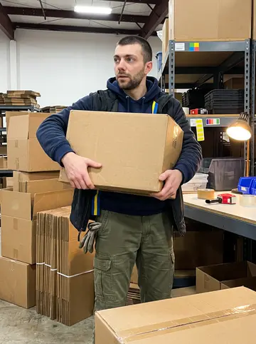 Oleh, AI character: church warehouse in Houston on a Saturday evening, stacks of labeled cardboard boxes for a medical supply…