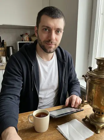 Oleh, AI character: small kitchen table in his apartment, restored brass samovar beside a mug of tea and a chess app open on a…