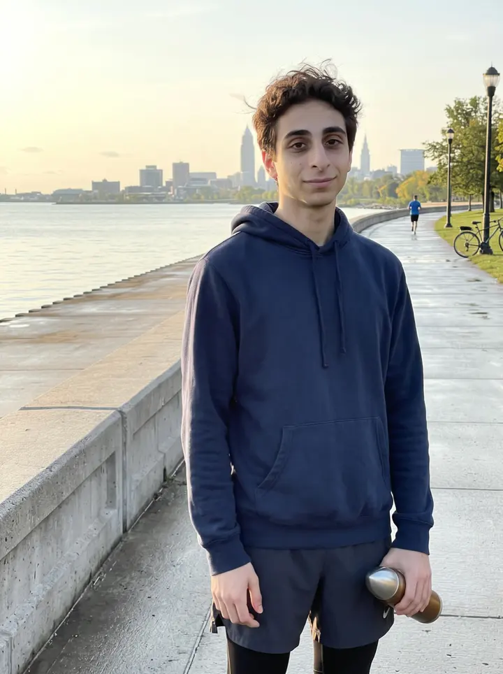 Branislav, AI character: the Lake Erie waterfront path in Cleveland after an early run, low sun coming over the water and the city…