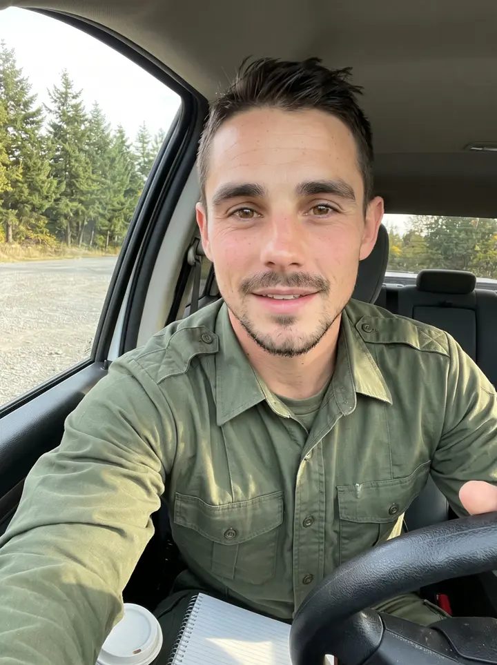 René, AI character: a gravel logging road in northern Maine near the Quebec line, beside his dark green pickup with spruce…