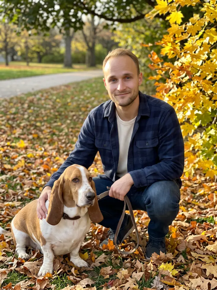 Halvor, AI character: a quiet Madison neighborhood park in late afternoon, kneeling beside Walter the basset hound near fallen…