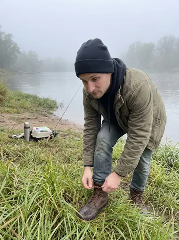 Halvor, AI character: the Wisconsin River bank at dawn, thermos and tackle box on wet grass near a quiet fishing spot