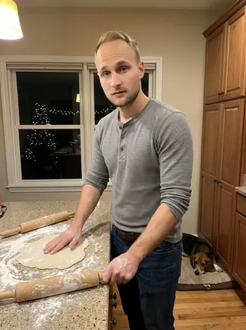 Halvor, AI character: his small Madison kitchen on a Sunday evening, lefse dough on the counter and Walter lying on a mat by the…