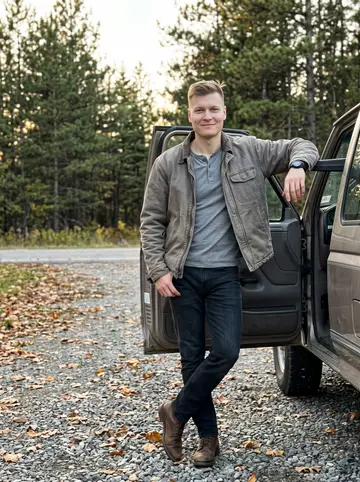 Kalle, AI character: a gravel pull-off beside his old 1996 Ford Ranger, dry leaves along the road and pine trees behind the truck