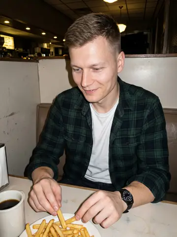 Kalle, AI character: a small diner near the community centre after class, vinyl booth, coffee mugs and a plate of fries on the…