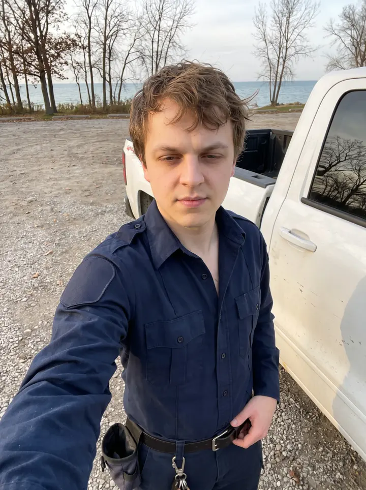 Szymon, AI character: Lake Erie waterfront road in Buffalo at low autumn sun, standing by the open door of a white city…