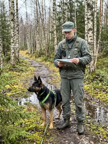 Jere, AI character: a damp border training trail in North Karelia, birch woods and mossy ground after rain