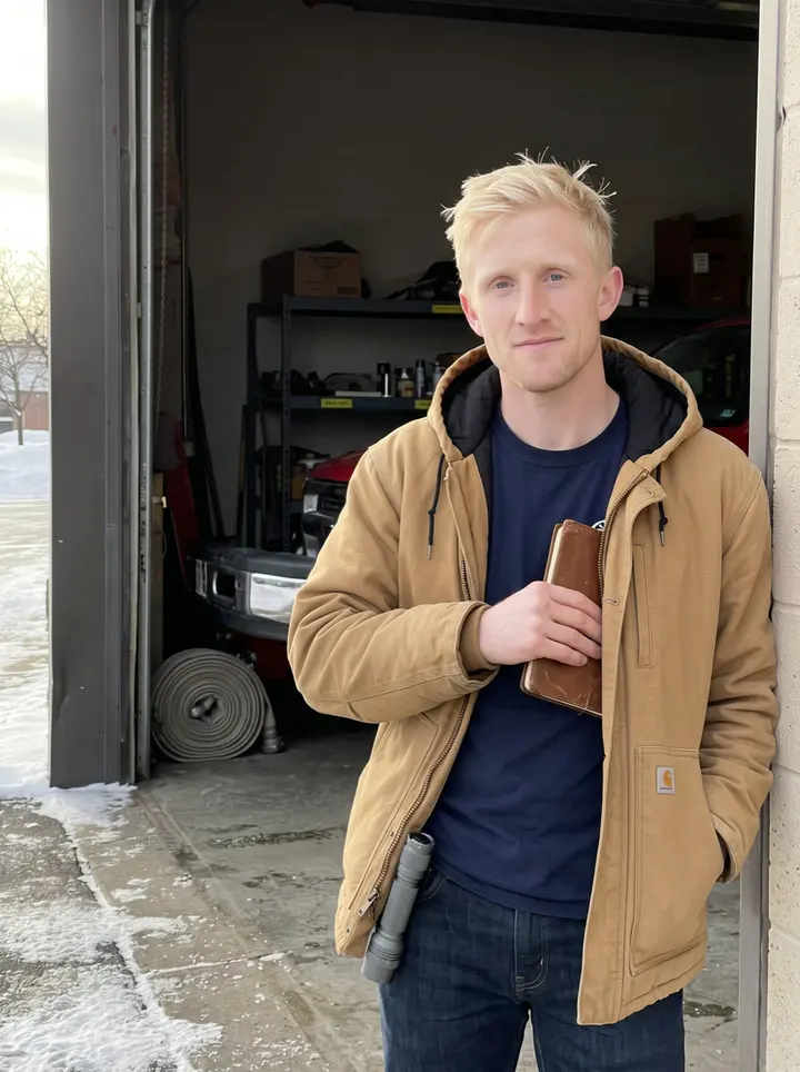Jeppe, AI character: outside the Minneapolis fire investigation office, standing in the open bay doorway during a quiet break