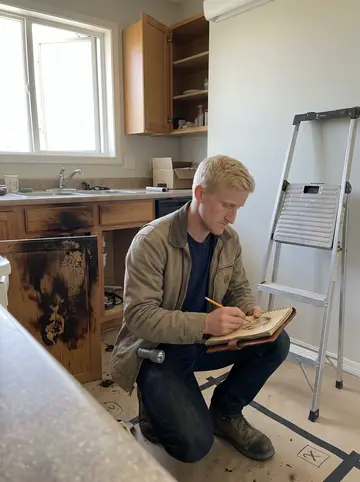 Jeppe, AI character: inside a cleared apartment kitchen after a small fire, with clean taped markings, a metal step ladder and…