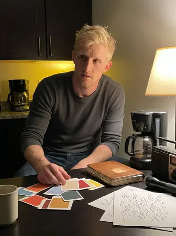 Jeppe, AI character: his Minneapolis apartment kitchen table near midnight, with color cards, a cheap coffee maker, a wheezy…