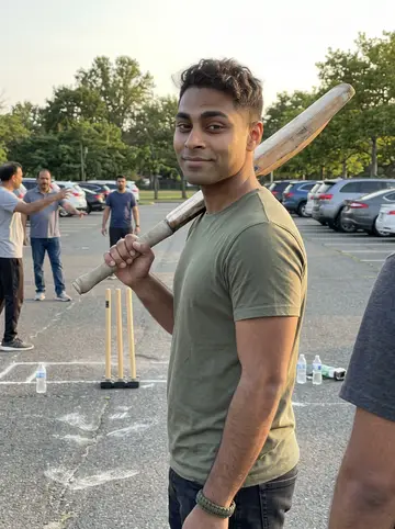 Harsh, AI character: Roosevelt Park parking lot in Edison after Sunday cricket, cousins and uncles blurred in the background…