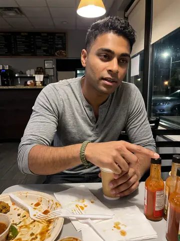 Harsh, AI character: small Edison late-night takeout spot after cricket, sitting at a table with chaat plates and a few hot…