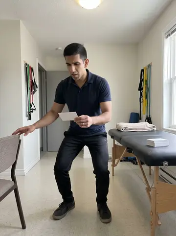 Khaled, AI character: inside the small rented rehab room above the bakery, exercise bands on one wall and a folding treatment…