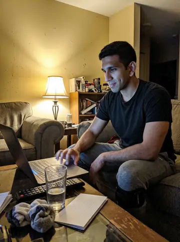 Khaled, AI character: his apartment living room at 2 a