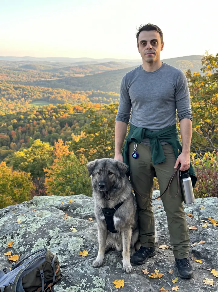 Tolga, AI character: a gravel trail inside a New Jersey state park near Paterson, fallen leaves along the fence line, Duman…