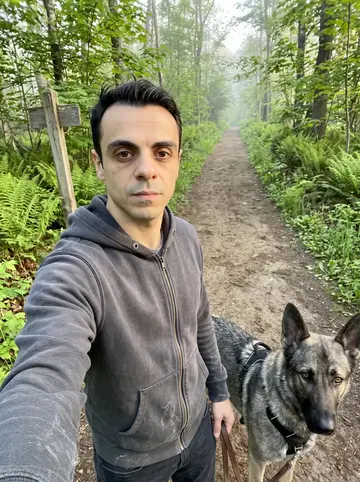 Tolga, AI character: a humid summer backyard cookout in Paterson, folding chairs and a small grill on cracked concrete,…