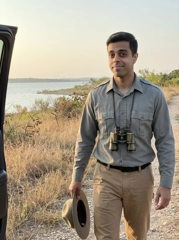 Sumit, AI character: a quiet Texas lake trail near the ranger truck at golden hour, dry grass and water behind him