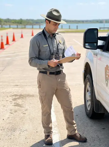 Sumit, AI character: boat-ramp parking lot at a Texas state lake, ranger truck parked nearby, orange cones by the ramp