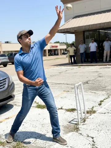 Sumit, AI character: cracked Dallas parking lot marked with chalk stumps for Sunday cricket, taxi drivers and cooks blurred in…