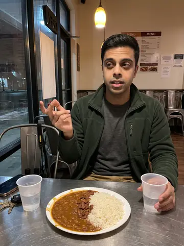 Sumit, AI character: small Dallas Indian restaurant after his shift, metal table with rajma chawal, plastic water cup, and keys…